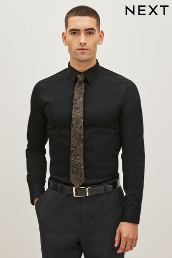 Black/Yellow Gold Paisley Slim Fit Single Cuff Shirt And Tie (D39586) | £36