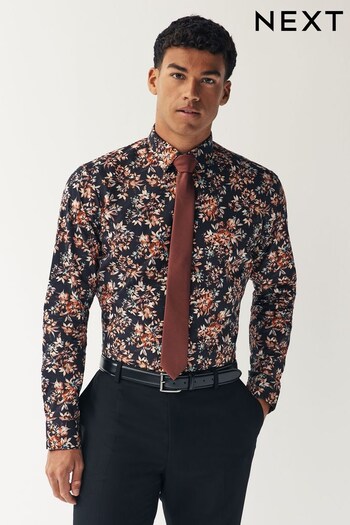 Navy Blue/Rust Orange Floral Slim Fit Single Cuff Single Cuff Shirt And Tie Pack (D39589) | £42