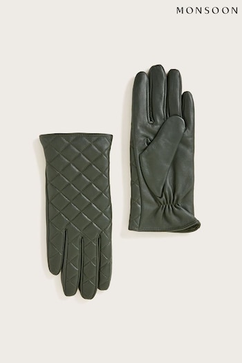 Monsoon Green Quilted Leather Gloves (D40336) | £30