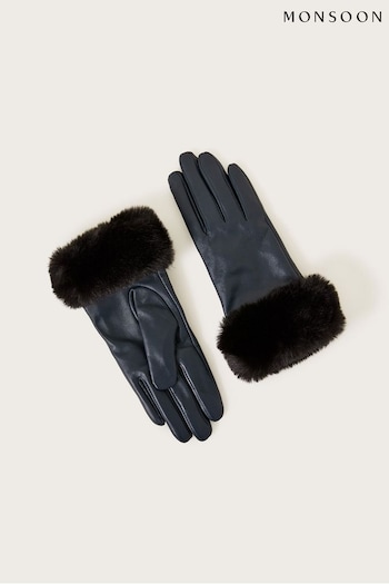 Monsoon Blue Faux Fur Trim Leather Gloves (D40337) | £35