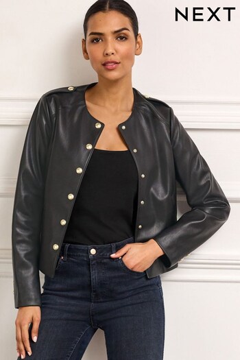 Black Collarless Faux Leather Jacket (D40749) | £64
