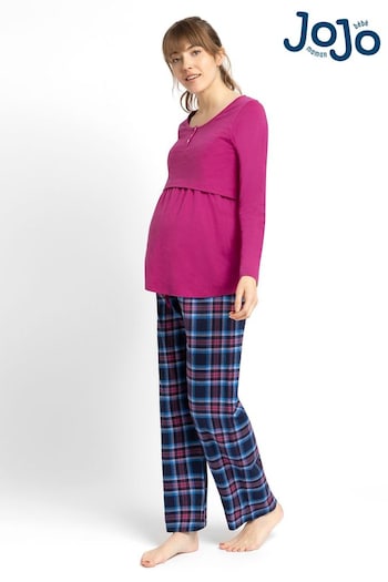 JoJo Maman Bébé Navy Fushia Check Maternity & Nursing Pyjama Set (D41007) | £39.50