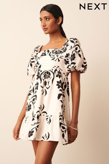 Black/White Floral Print Puff Sleeve  Mini Smock Dress (D41019) | £55