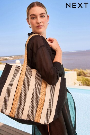 Black/White Stripe Jute Shopper Bag (D41023) | £42