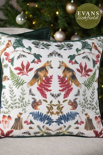 Evans Lichfield Green Mirrored Fox Printed Velvet Reverse Contrast Piped Cushion (D41217) | £20