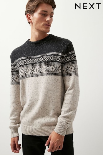 Ecru Natural/Grey Crew Neck Fairisle Pattern Knitted Jumper (D41236) | £36