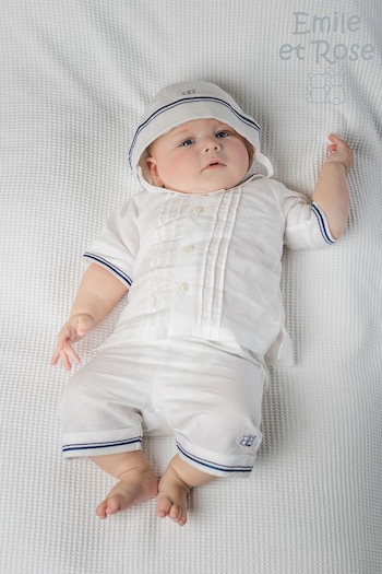 Emile Et Rose White Linen Sailor Style Shirt With quilted Shorts and Hat 2 Piece Set (D41406) | £56
