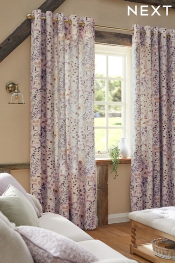 Mauve Purple Botanical Floral Eyelet Lined Curtains (D41687) | £45 - £100