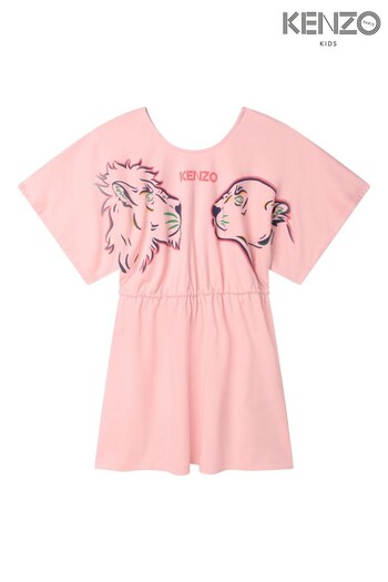 KENZO KIDS Pink Lion And Tiger Print Short Sleeved Logo Dress (D41733) | £33 - £40