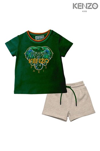 KENZO KIDS Green Elephant Print Logo T-Shirt And Shorts Set (D41736) | £105 - £115