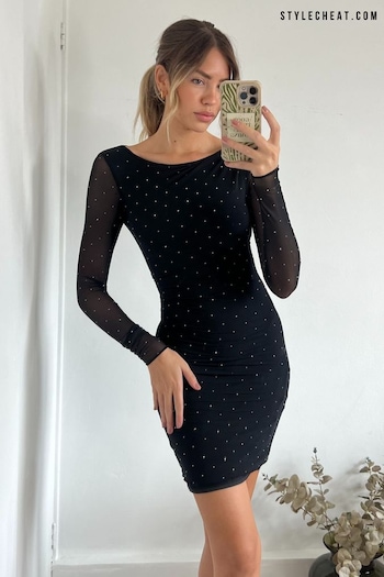 Style Cheat Black Hotfix Ruched Mesh Mini Dress (D41772) | £52