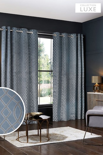 Blue Collection Luxe Heavyweight Maeve Damask Velvet Eyelet Eyelet Curtains (D41782) | £175 - £350