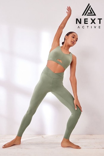 Olive Green Active Studio Sports Wrap Front High Waist Full Length Leggings (D41797) | £28