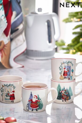 Set of 4 Red Christmas Santa Scene Mugs (D41881) | £18