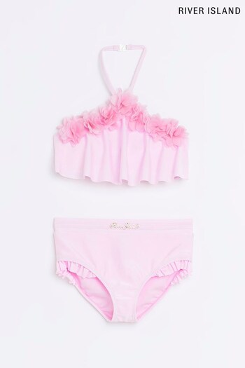 River Island Girls Pink 3D Flower Halter Bikini (D42063) | £20 - £26
