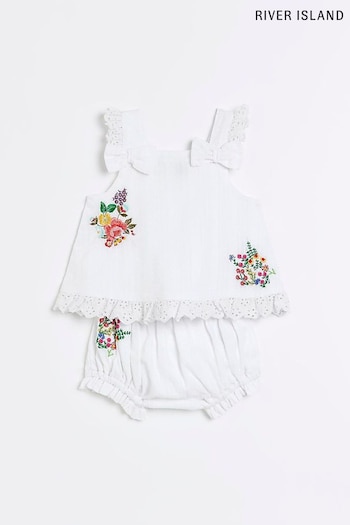 River Island White Baby Girls Embroidered Cami and Shorts Set (D42086) | £22