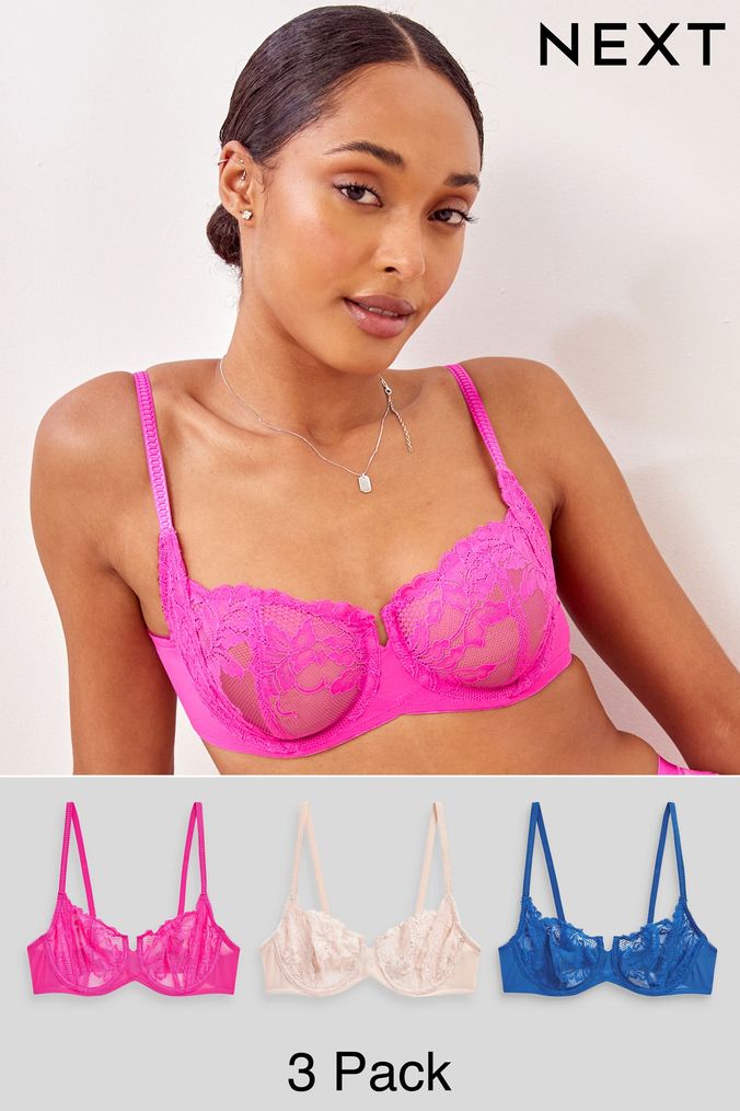 Cobalt Blue/Bright Pink/Blush Pink Non Pad Balcony Lace Bras 3 Pack (D42724) | £36