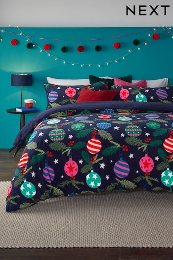 Bauble Navy Patterned Christmas Fleece Duvet Cover and Pillowcase Set (D42837) | £25 - £55