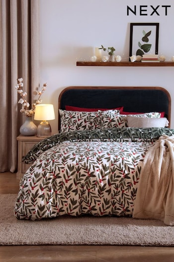 Green Christmas Sprig Reversible Brushed Cotton Duvet Cover and Pillowcase Set (D42839) | £30 - £60