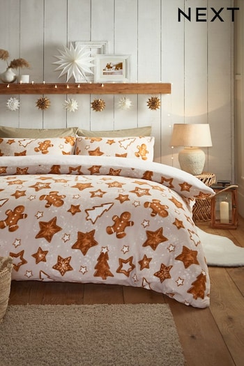 Gingerbread Natural Patterned Christmas Fleece Duvet Cover and Pillowcase Set (D42845) | £25 - £55