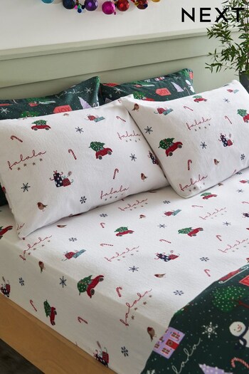 White Ground Christmas Brushed Cotton Fitted Sheet and Pillowcase Set (D43009) | £24 - £36