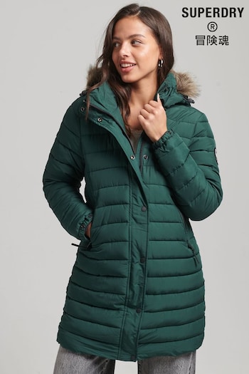 Superdry Green Faux Fur Hooded Mid Length Puffer Jacket (D43026) | £105
