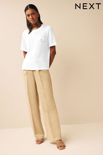 White Utility Pocket Detail Knitted Linen T-Shirt (D43071) | £22