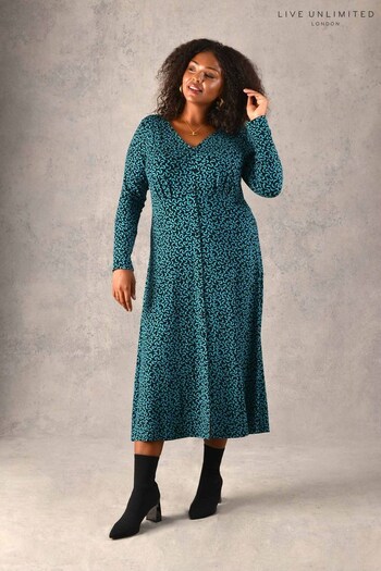 Live Unlimited Curve Green Curl Print Button Through Jersey Midi Dress (D43182) | £52