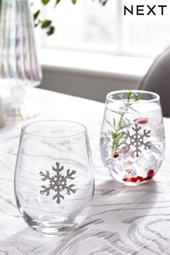 Set of 2 Silver Snowflake Broach Stemless Wine Glasses (D43482) | £14