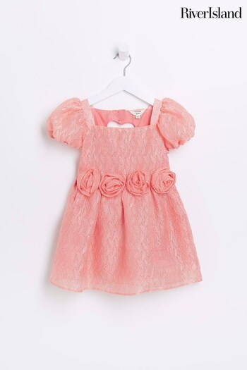 River Island Girls Pink Textured Puff Sleeve Dress (D43980) | £30