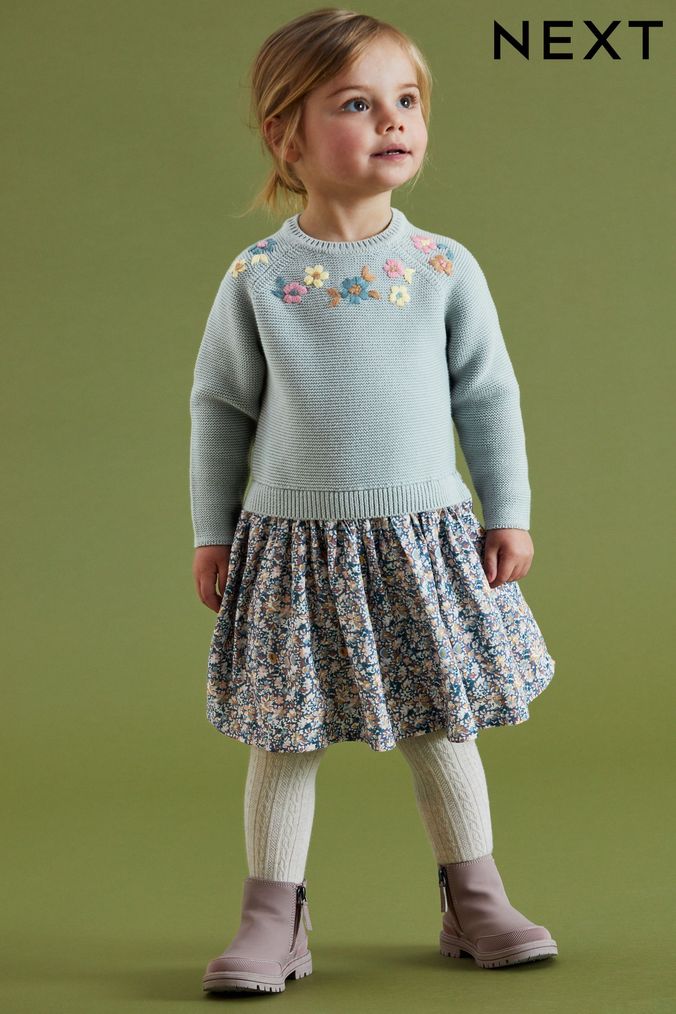 Blue Floral Jumper Dress With Printed Skirt (3mths-7yrs) (D44788) | £22 - £26