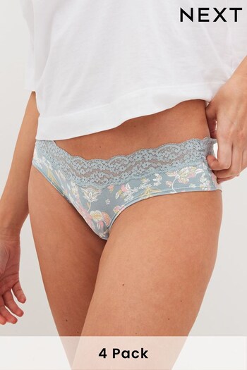 Pink/Green Paisley Floral Print Short Lace Trim Cotton Blend Knickers 4 Pack (D45357) | £17