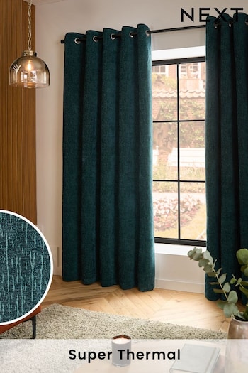 Dark Teal Green Next Heavyweight Chenille Eyelet Super Thermal Curtains (D45403) | £70 - £185