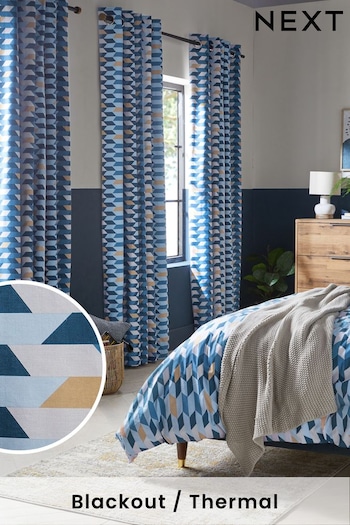 Blue Geometric Blackout/Thermal Eyelet Curtains (D45411) | £50 - £110