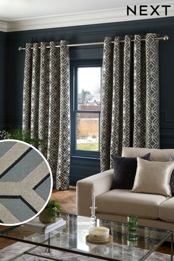 Grey Geometric Jacquard Eyelet Lined Curtains (D45427) | £75 - £170
