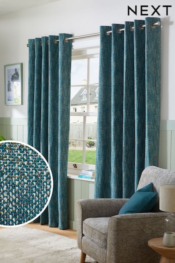 Teal Blue Bobble Texture Lined Eyelet Curtains (D45435) | £65 - £155