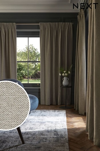 Grey SneakersbeShops Herringbone Weave Pencil Pleat Lined Curtains (D45436) | £65 - £150