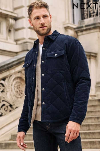 Navy Blue Borg Lined Diamond Quilt Cord Collared Shacket (D45797) | £65
