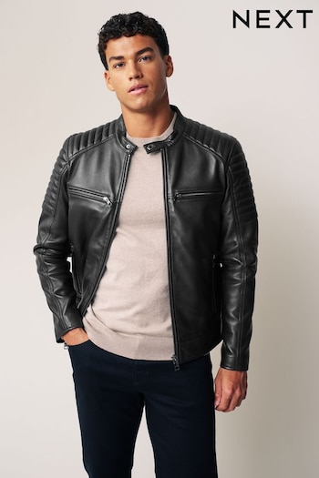 Black Leather Quilted Racer Jacket (D45818) | £165