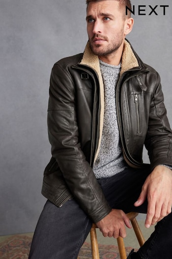 Brown Four Pocket Borg Lined Leather Jacket (D45824) | £185