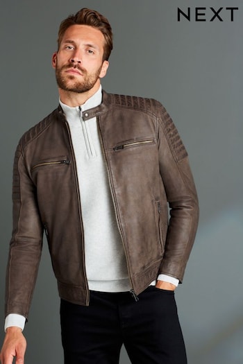 Brown Leather Quilted Racer Jacket (D45825) | £165