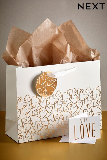 Gold Heart Print Card and Gift Bag Set (D46026) | £4