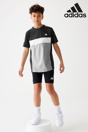 adidas Black Sportswear Tiberio 3-Stripes Colorblock Cotton T-Shirt Kids (D46237) | £18