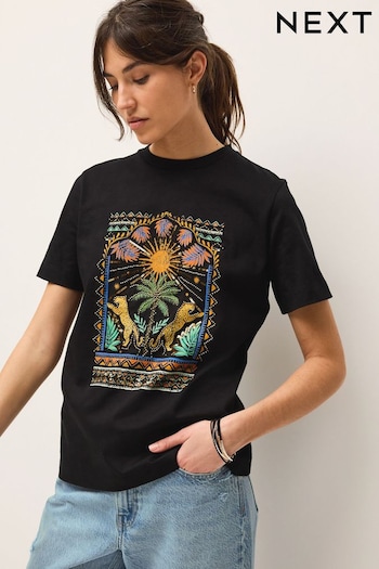 Black Palm Embellished Graphic Heavyweight Short Sleeve Crew Neck T-Shirt (D46365) | £20