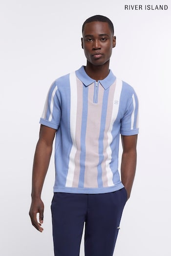 River Island Blue Vertical Stripe Knit Polo Shirt (D46518) | £33