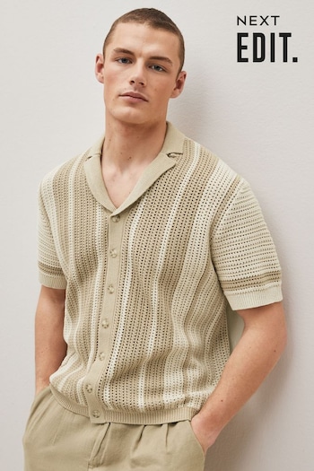 Neutral EDIT Crochet Stripe Button-Through Polo Shirt (D47156) | £32
