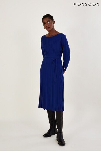 Monsoon Blue Inverted Rib Slash Neck Dress With LENZING™ ECOVERO™ (D47667) | £80