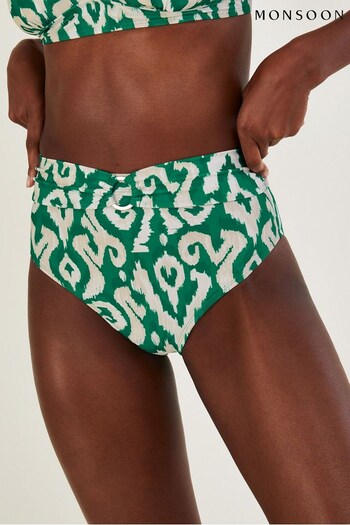Monsoon Green Ikat Print High Waist Bikini Bottoms With Recycled Polyester (D47687) | £40
