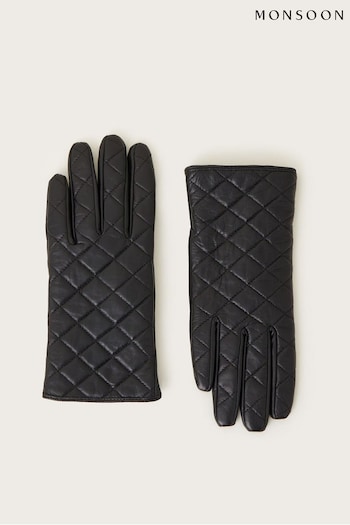 Monsoon Black Quilted Leather Gloves (D47725) | £30