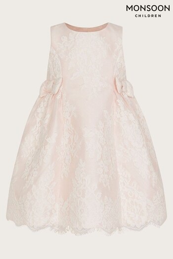 Monsoon Baby Pink Lola Bow Lace Dress (D47820) | £50 - £55